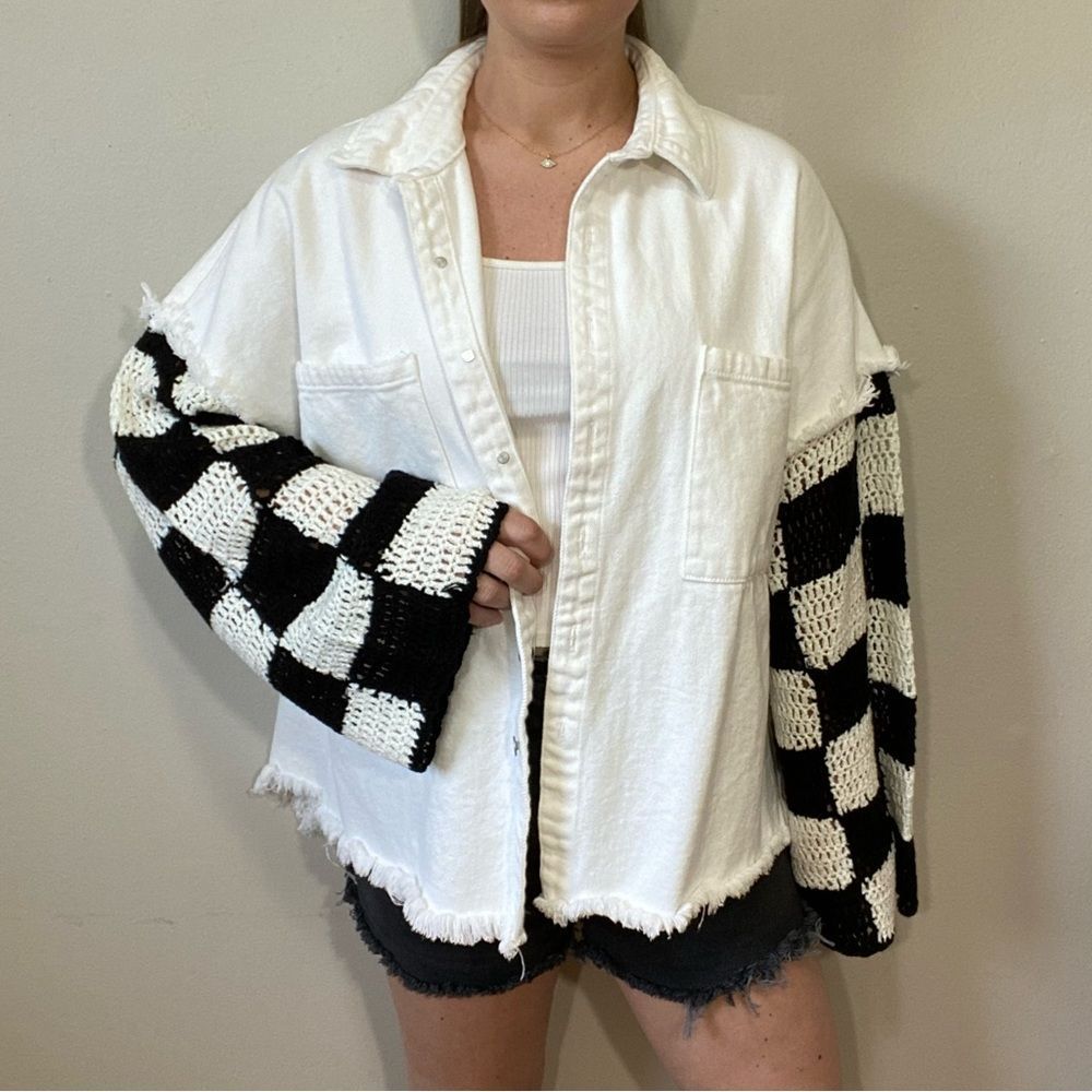 Pol Boutique Brand Crochet Sleeve Denim Jacket Size Small